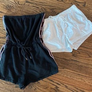 Womens black strapless Guess romper + white drawstring Aerie shorts Sz Medium